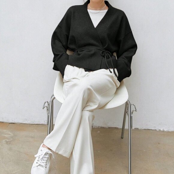 Black Casual Women's Drop Shoulder Belted Cardigan - Picture 1 of 5
